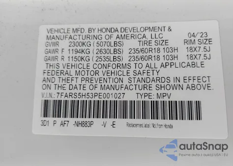 2023 Honda Cr-V Hybrid Sport from USA, damaged, VIN 7FARS5H53PE001027